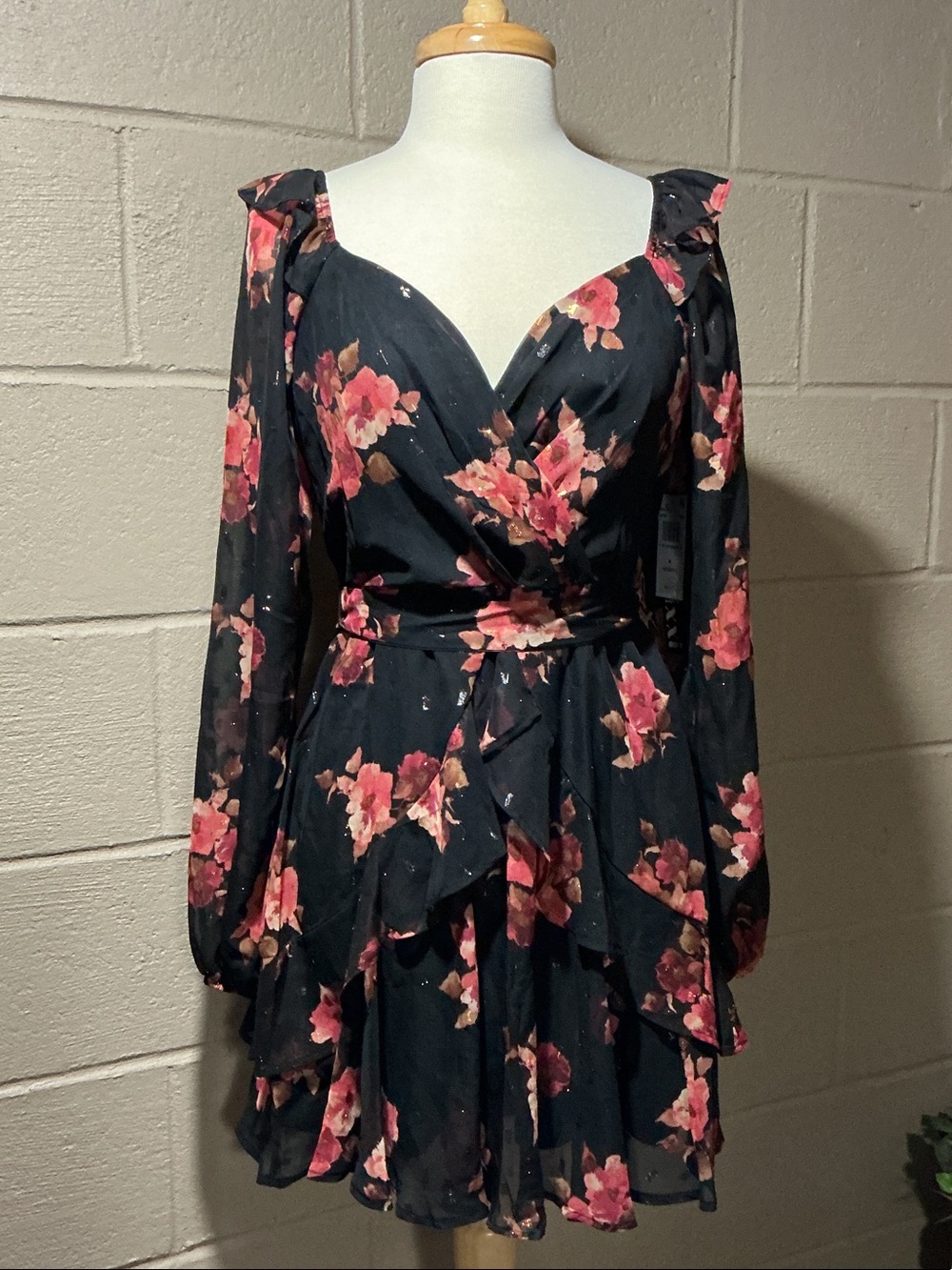 Trixxi Black Floral Long Sleeve Ruffle Mini Dress